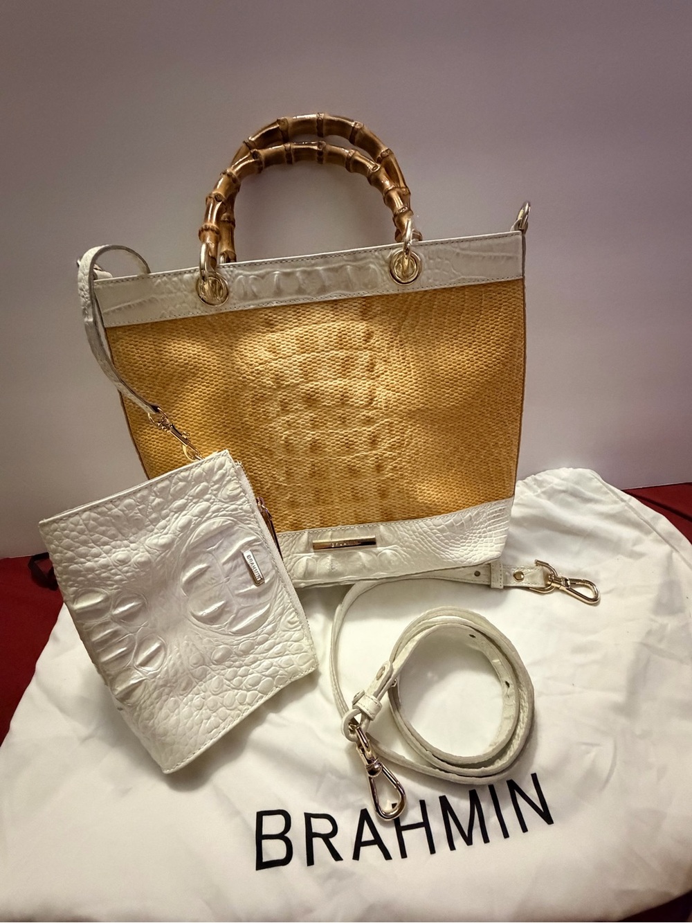 Brahmin Hayden in Daydream Bijou White & Tan Woven Tote with Bamboo Handles